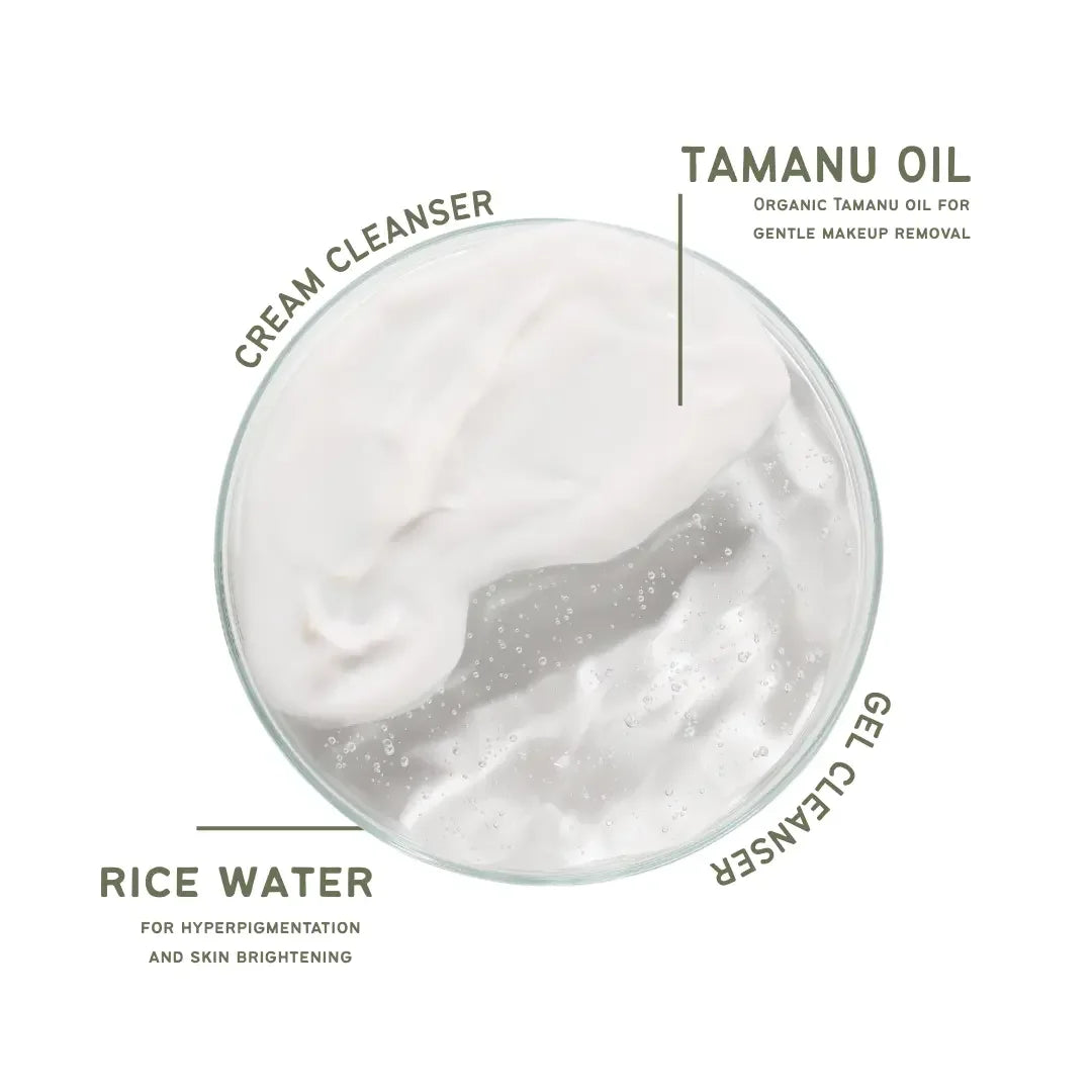Cream cleanser and gel cleanser with tamanu oil and rice water for sensitive skincare