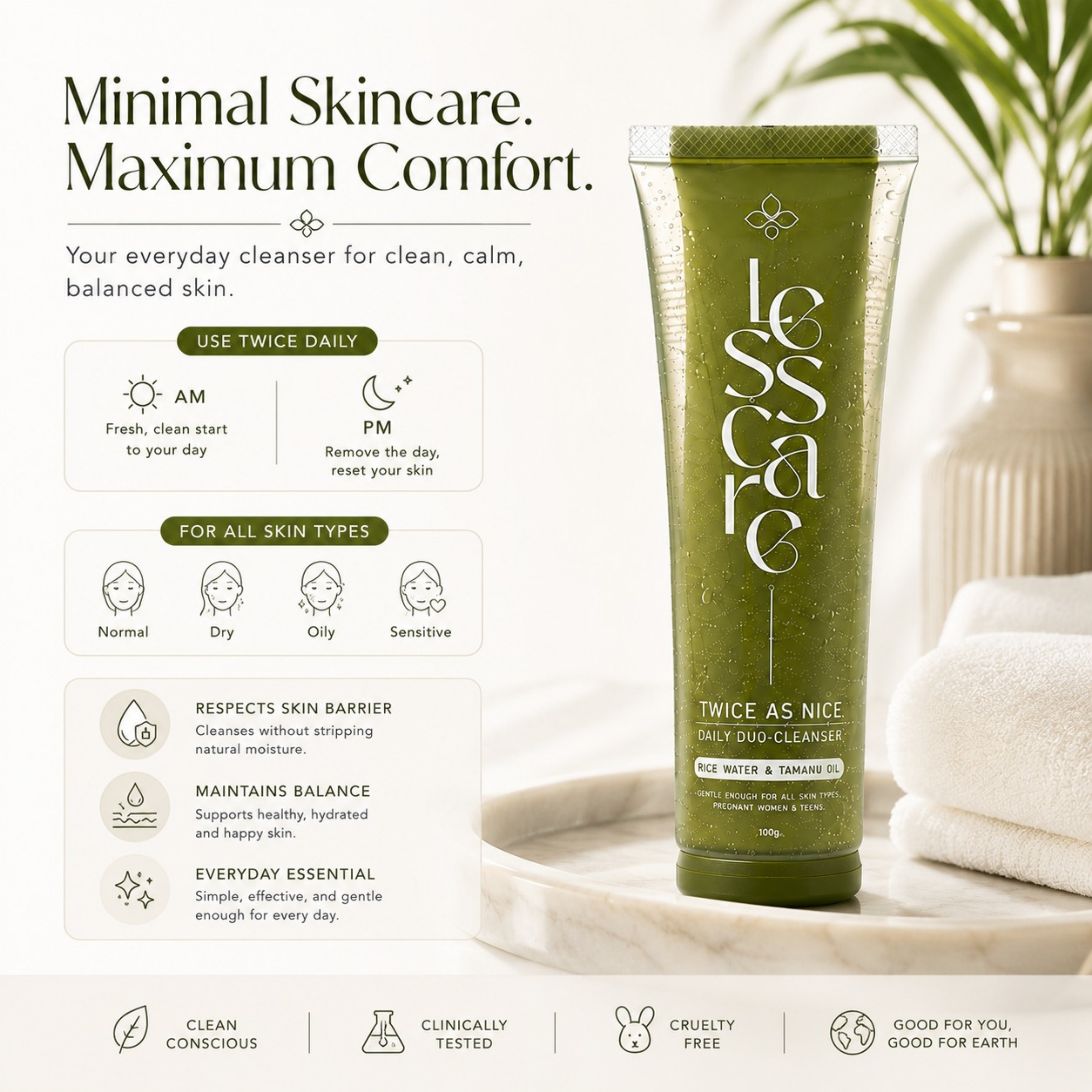 A tube of Less Care Twice as Nice Daily Duo Cleanser in a muted olive green color, displayed on a light beige background with skincare promotional text, icons, and soft decorative props like a plant and folded white towels.