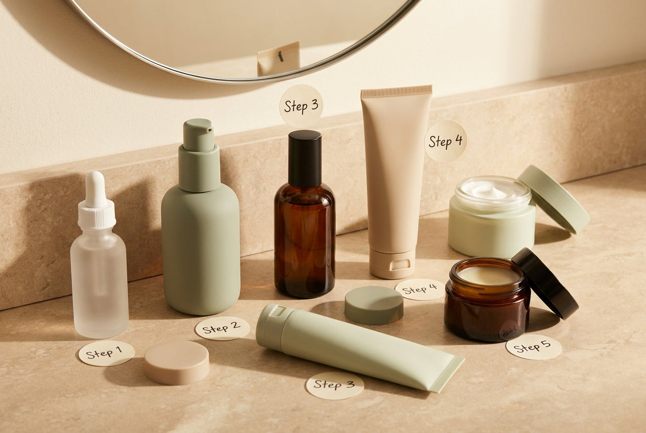 Multiple skincare products for a complicated cleansing routine